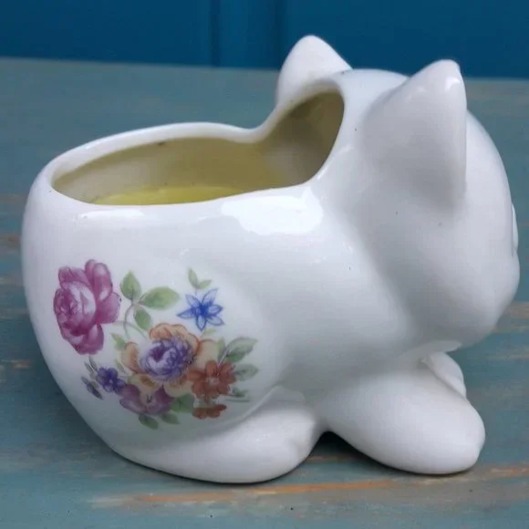 Vintage Ceramic Cat Planter Porcelain Cat Dish Candle Bowl Japan Flowers - Picture 6 of 16